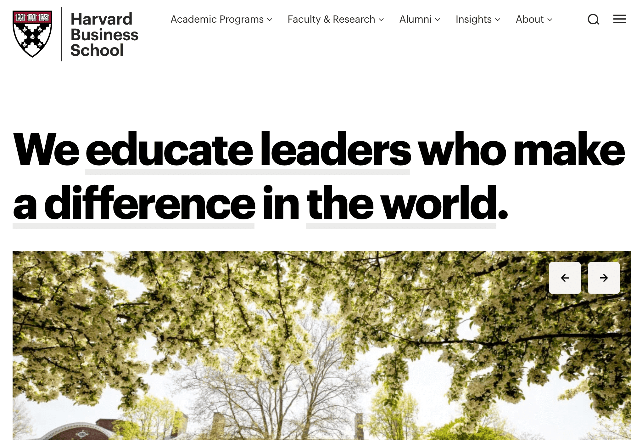 Landing page for Harvard Business School